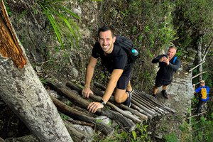 Two men standing on a wooden bridge in the woods.