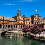 A sunny view of the plaza de españa in seville with a bridge over the canal, blossoming trees, and visitors exploring the grounds.