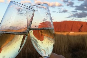 Two people toasting champagne in front of uluru.