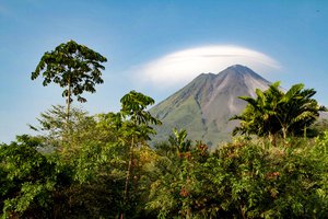 A volcano looms behind lush greenery under a clear sky with a lenticular cloud formation